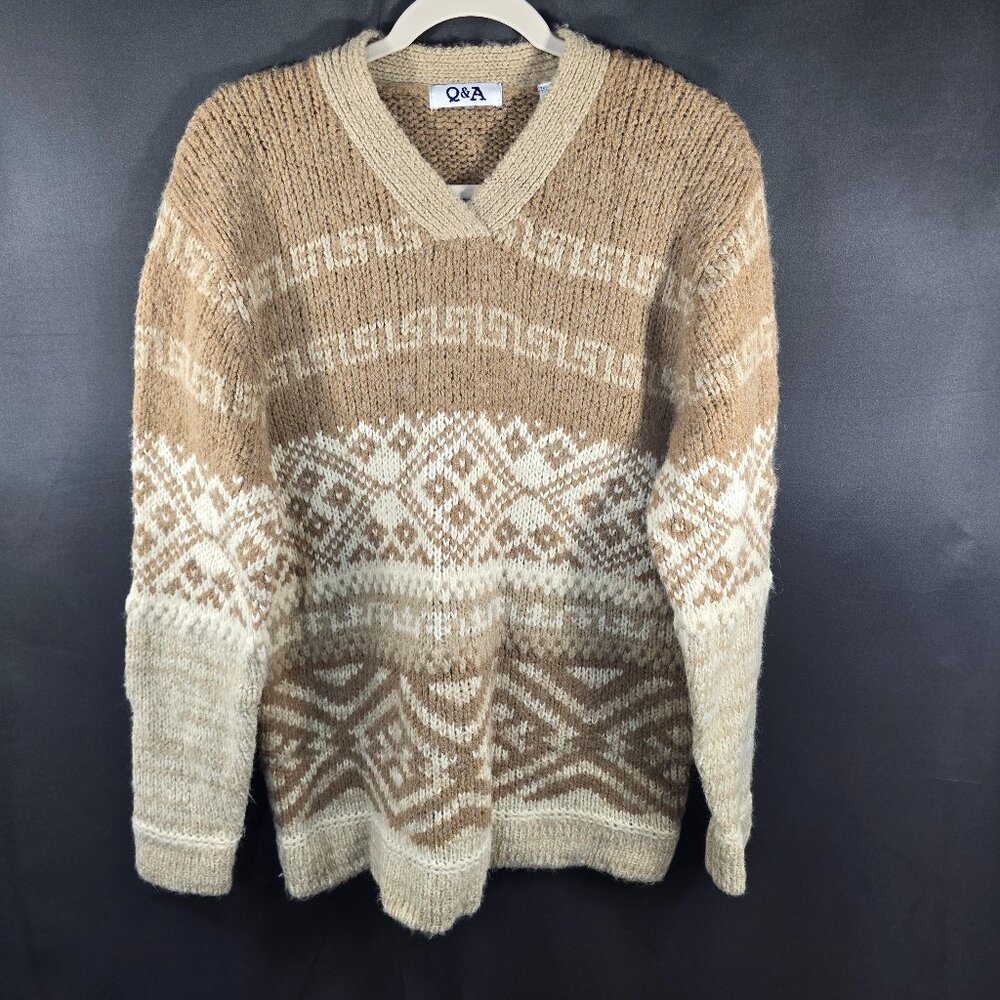 Q&A Knit Sweater Fair Isle Long Sleeve V-Neck Pullover Wool Blend Size M (N-4)